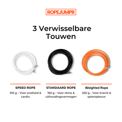 Drie verwisselbare Ropejumpr springtouwen: speed rope, standaard en weighted jump rope